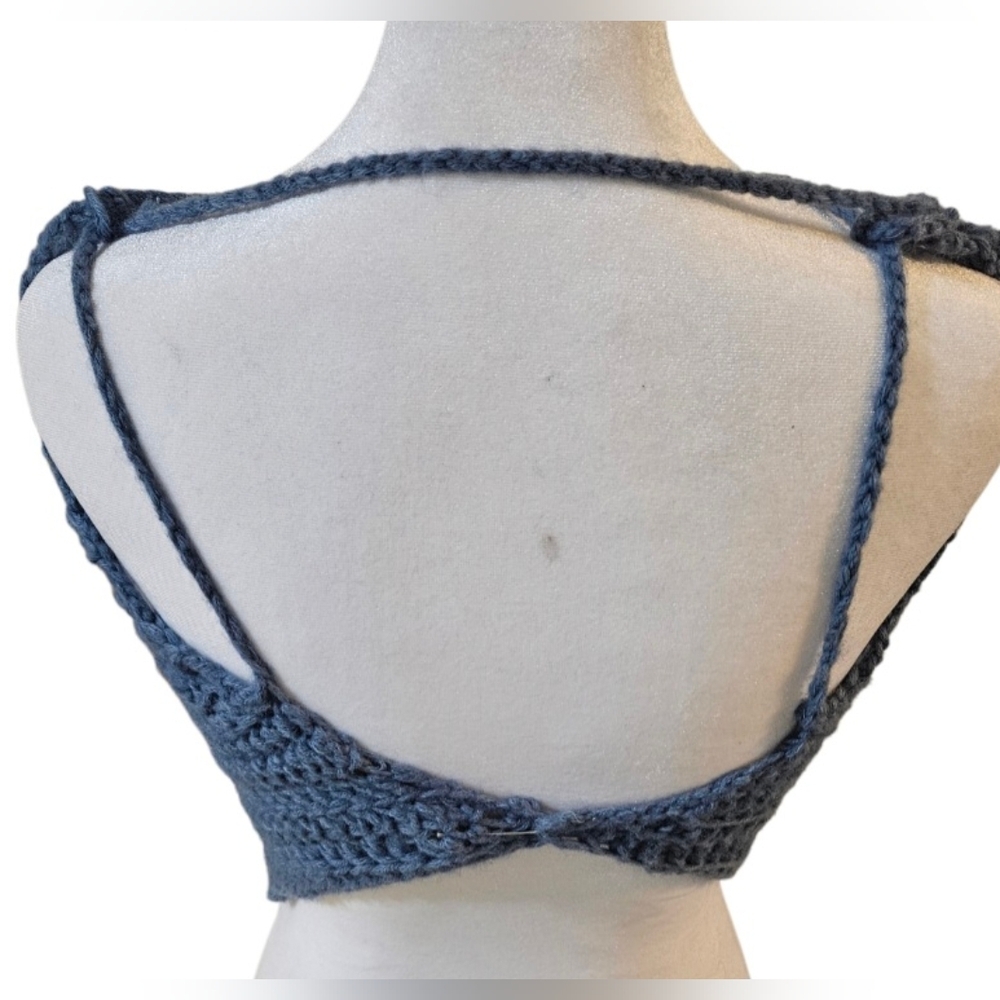 Handmade 4 ways Crochet Summer Top One-of-a-kind Blue Fishnet Bikini Crop-Top - Picture 15 of 17